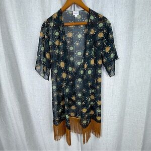 LuLaRoe Cover Up Kimono Cardigan Womens Small Multicolor Duster With Gold Fringe